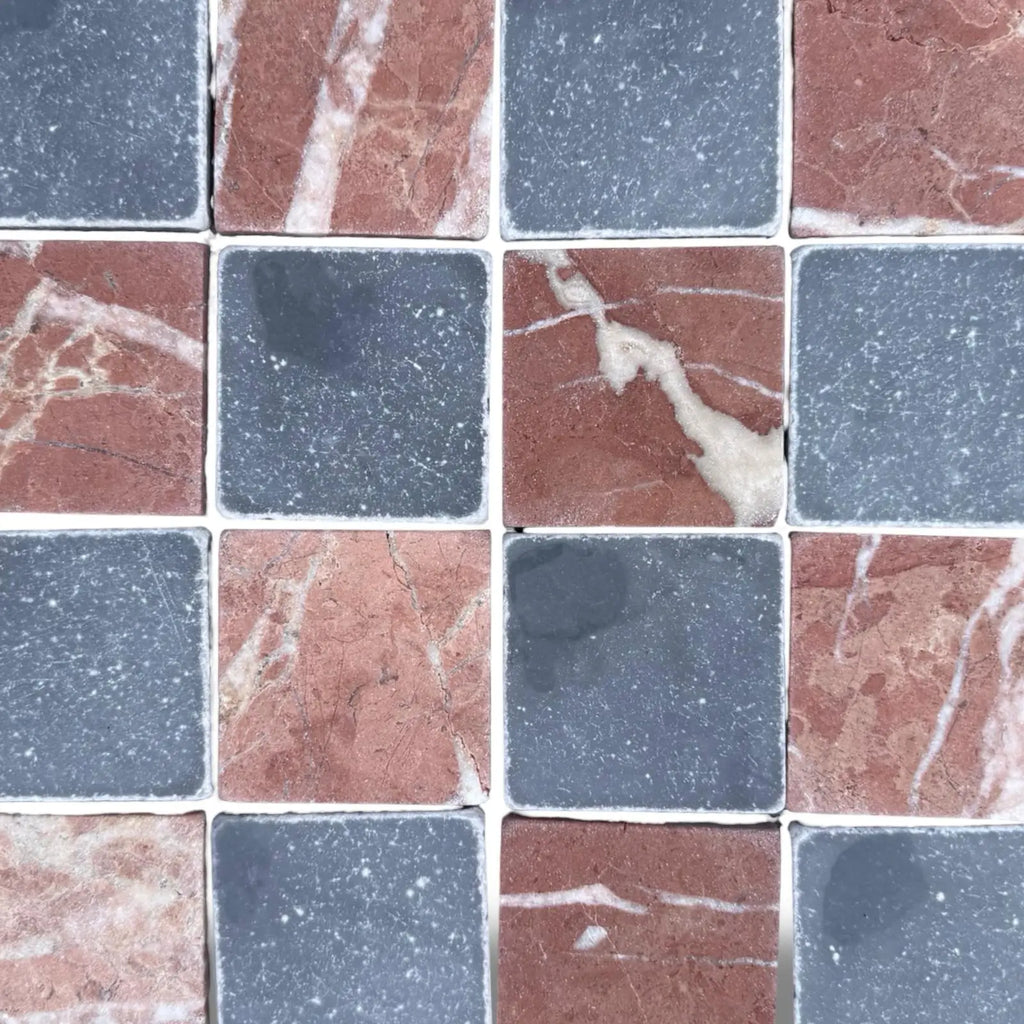 Red and gray checkerboard marble mosaic tiles from Checkerboard Bardiglio Rojo Alicante 3X3 Tumbled