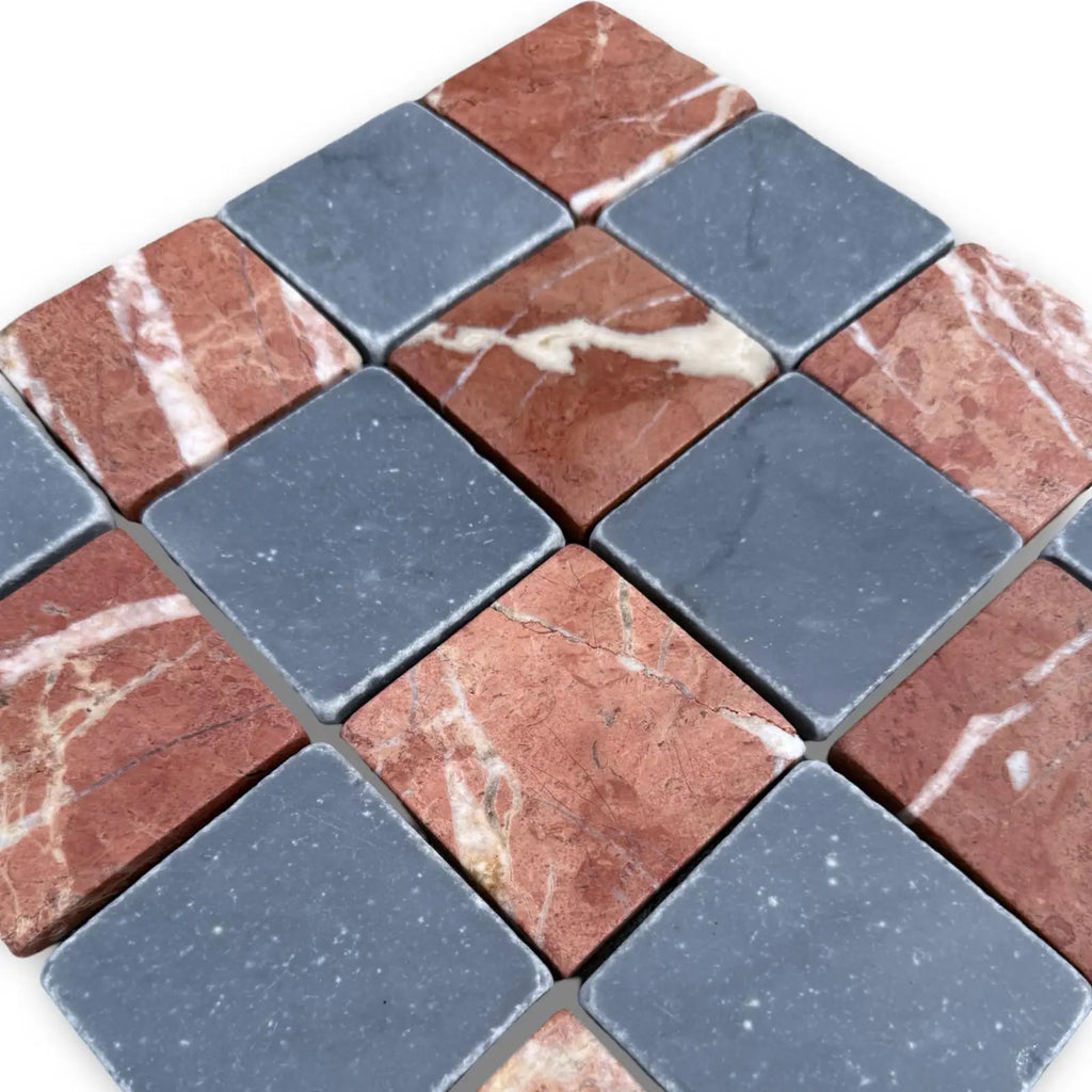 Red and gray diamond-shaped marble tiles from Checkerboard Bardiglio Rojo Alicante 3x3 Tumbled collection