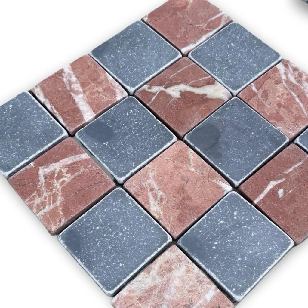 Red and grey diamond-shaped mosaic tiles from Checkerboard Bardiglio Rojo Alicante 3x3 Tumbled