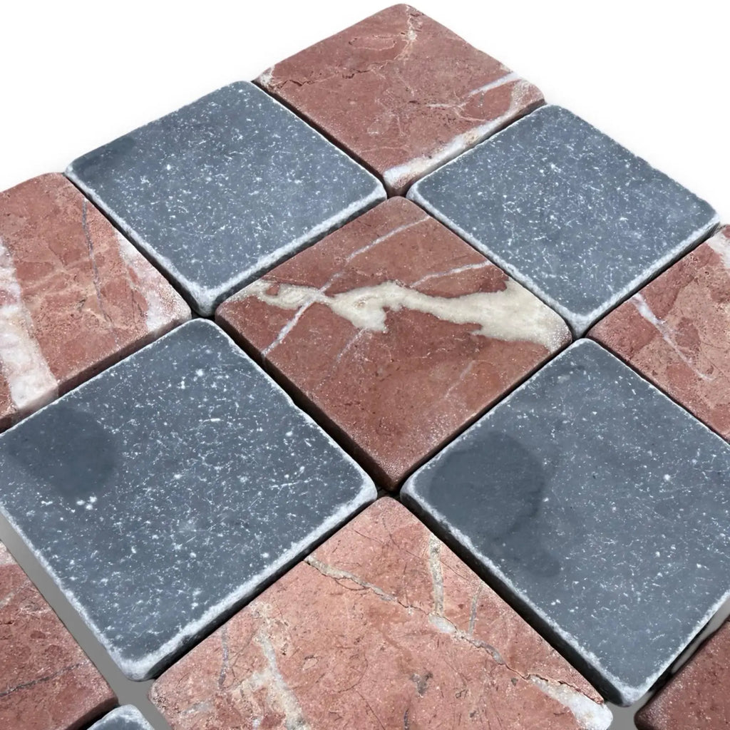 Checkerboard Bardiglio Rojo Alicante 3x3 Tumbled tiles with red marble and gray stone squares