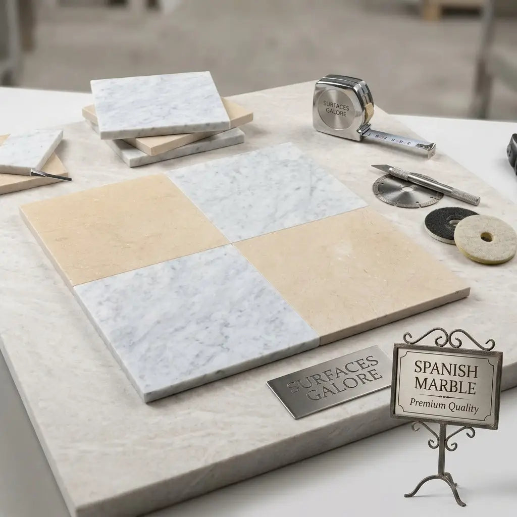 Checkerboard Bianco Carrara and Crema Marfil 12x12 set with polished Spanish marble tile samples in light gray and beige pattern