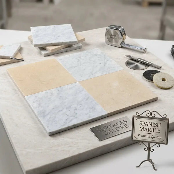 Checkerboard Bianco Carrara and Crema Marfil 12x12 set with polished Spanish marble tile samples in light gray and beige pattern