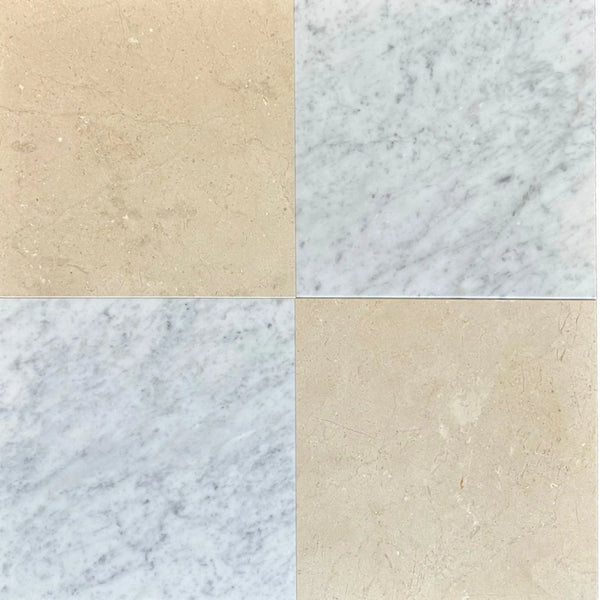 Four square marble tiles from the Checkerboard Bianco Carrara and Crema Marfil 18X18 Set