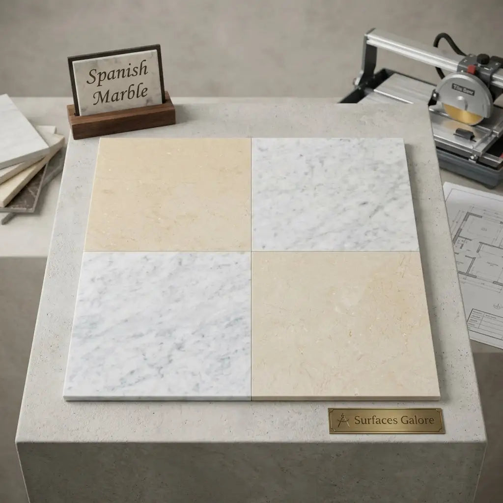 Four square spanish marble tiles in creamy beige and white with subtle and delicate gray veining checkerboard design