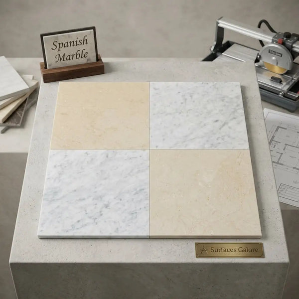Four square spanish marble tiles in creamy beige and white with subtle and delicate gray veining checkerboard design