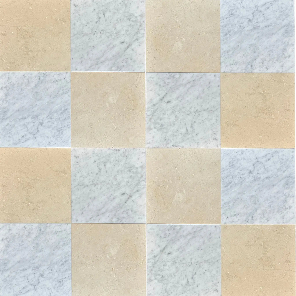 Checkerboard pattern of Bianco Carrara and Crema Marfil marble tiles in 18X18 set