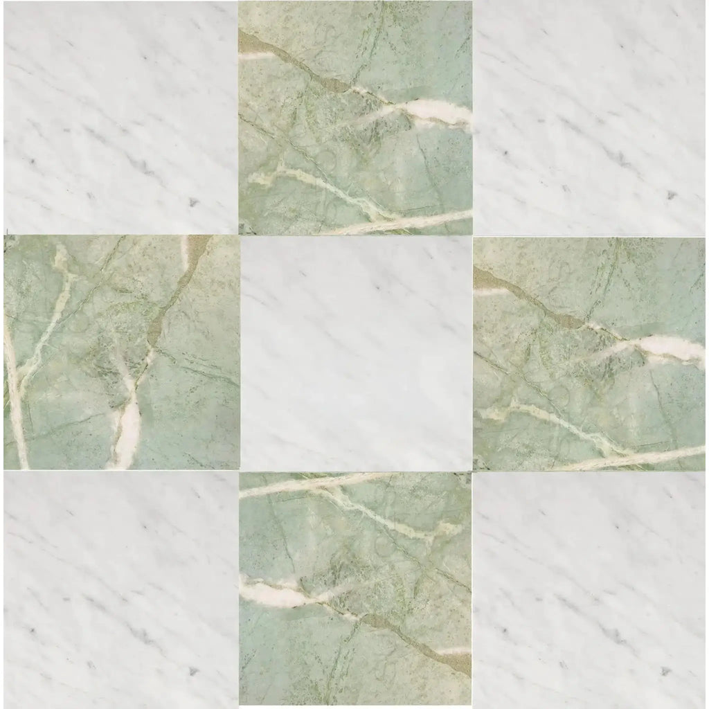 Checkerboard Bianco Carrara White and Ming Green Marble Tile Pattern 12x12 Set