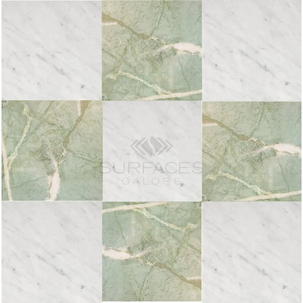 Checkerboard Bianco Carrara White Marble and Ming Green Marble tile arrangement