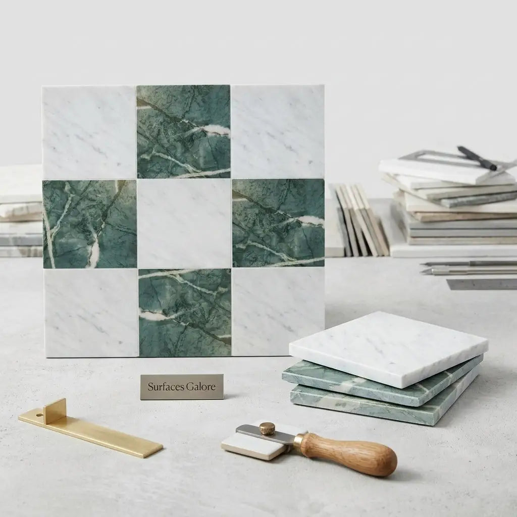 A sleek modern checkerboard marble tile display board with bianco carrara white and ming green veined stone