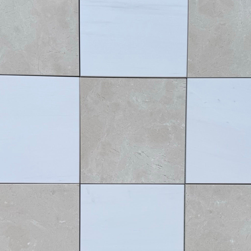 Checkerboard Bianco Dolomite and Crema Marfil 12x12 set with beige and white square tiles