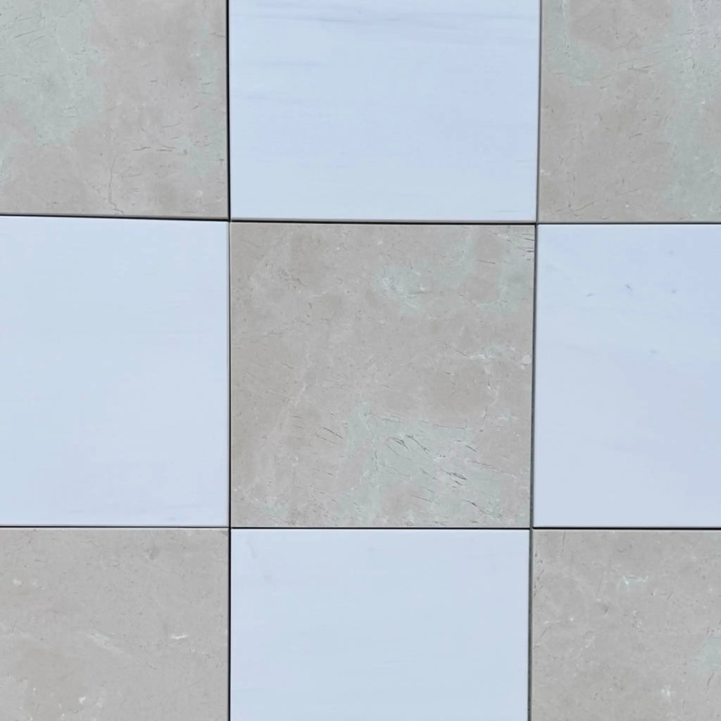 Checkerboard Bianco Dolomite and Crema Marfil 12x12 set with beige and white square tiles