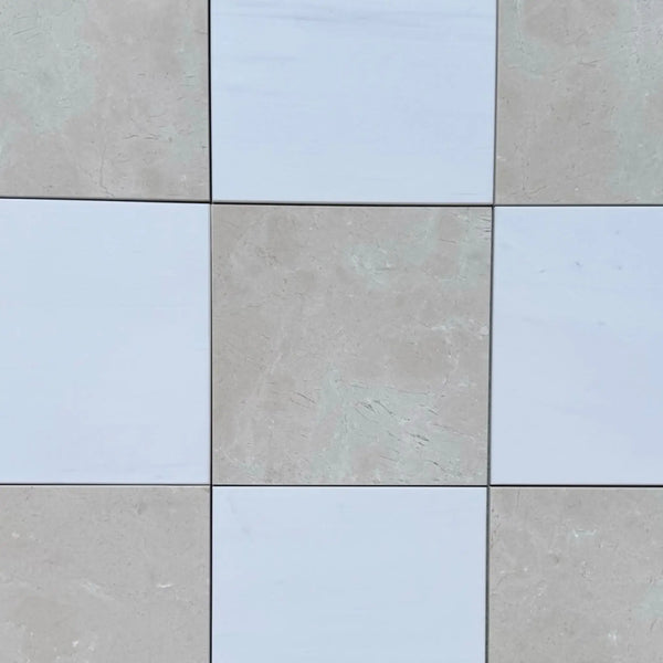 Checkerboard Bianco Dolomite and Crema Marfil 12x12 set with beige and white square tiles