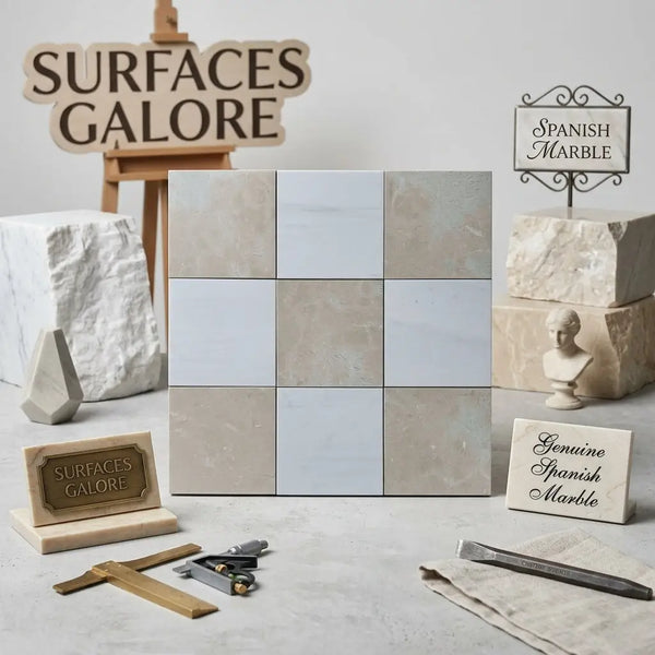 A set of nine 12x12 checkerboard bianco dolomite and crema marfil marble tiles in beige and light gray with natural veining