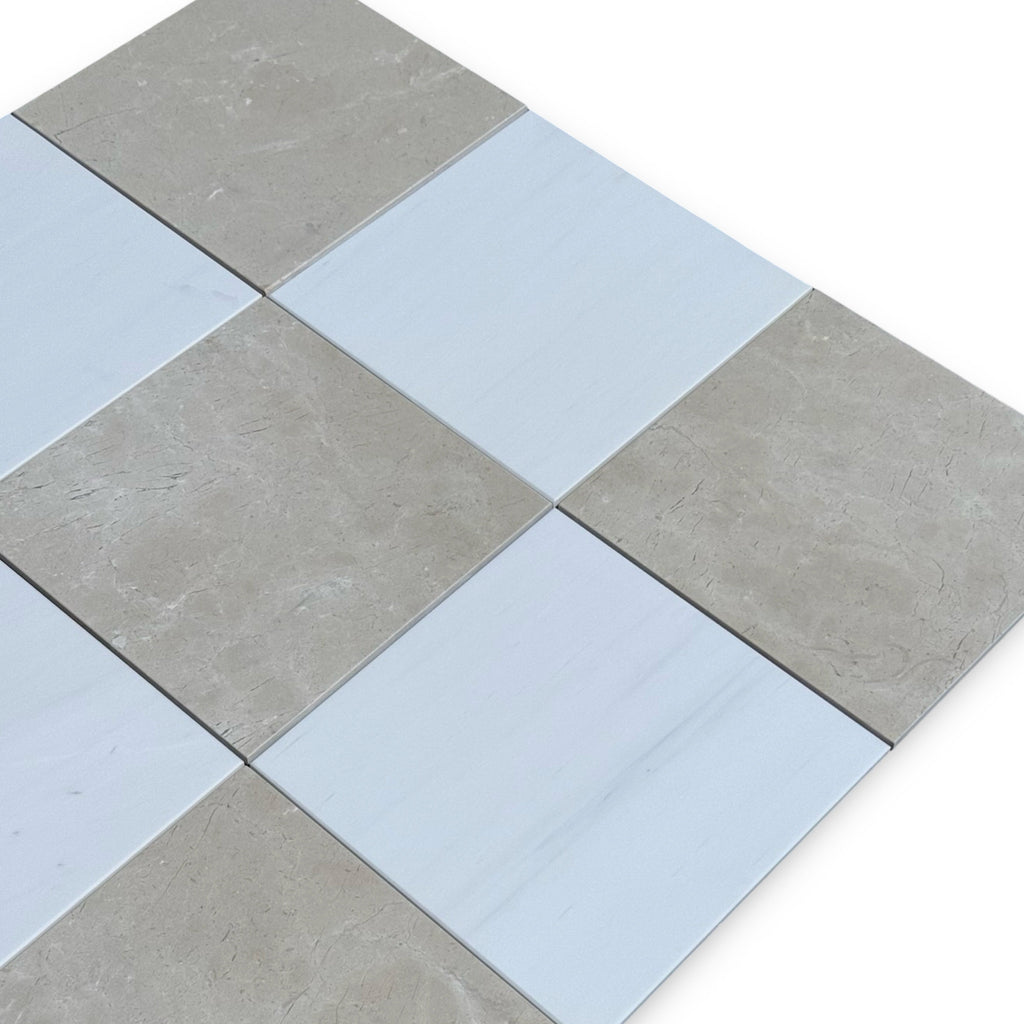 Alternating gray and light blue square tiles in Checkerboard Bianco Dolomite and Crema Marfil 12x12 Set
