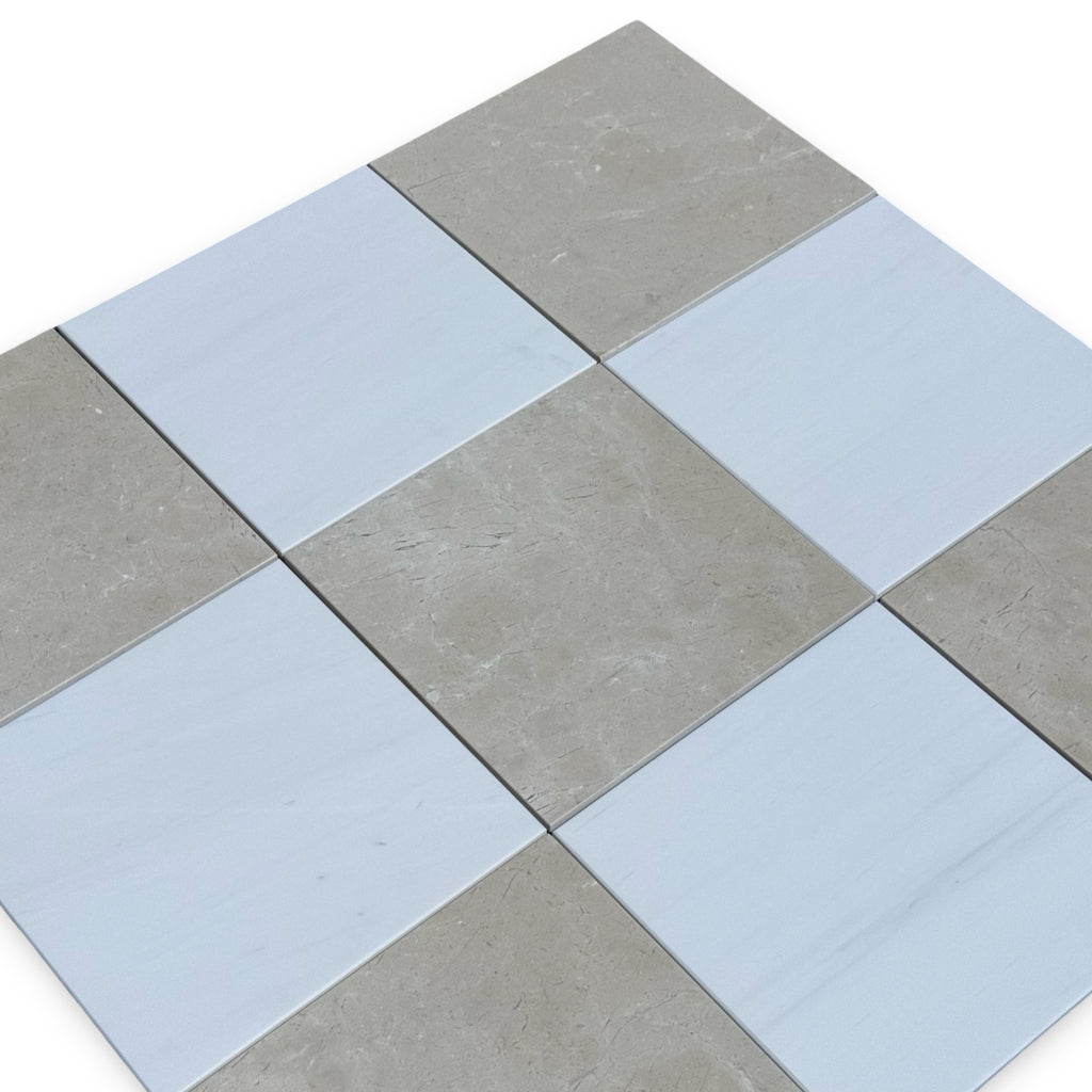 Alternating gray and white square tiles from Checkerboard Bianco Dolomite and Crema Marfil 12X12 Set