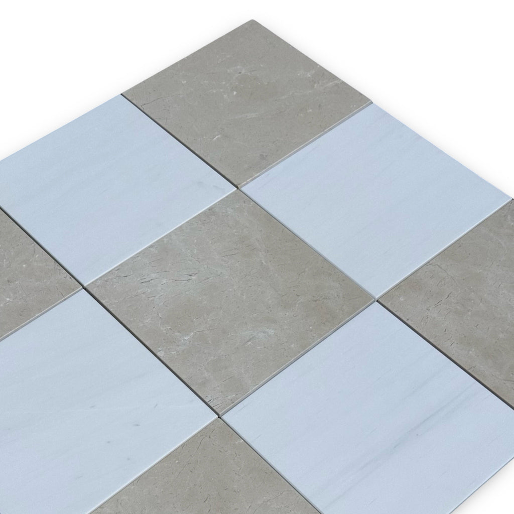 Alternating gray and white square tiles in the Checkerboard Bianco Dolomite and Crema Marfil 12X12 Set