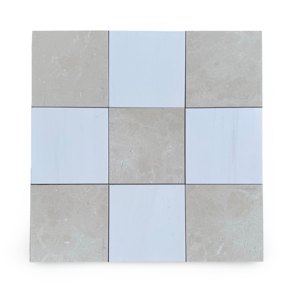 Checkerboard Bianco Dolomite and Crema Marfil 12x12 set with nine square tiles in a pattern