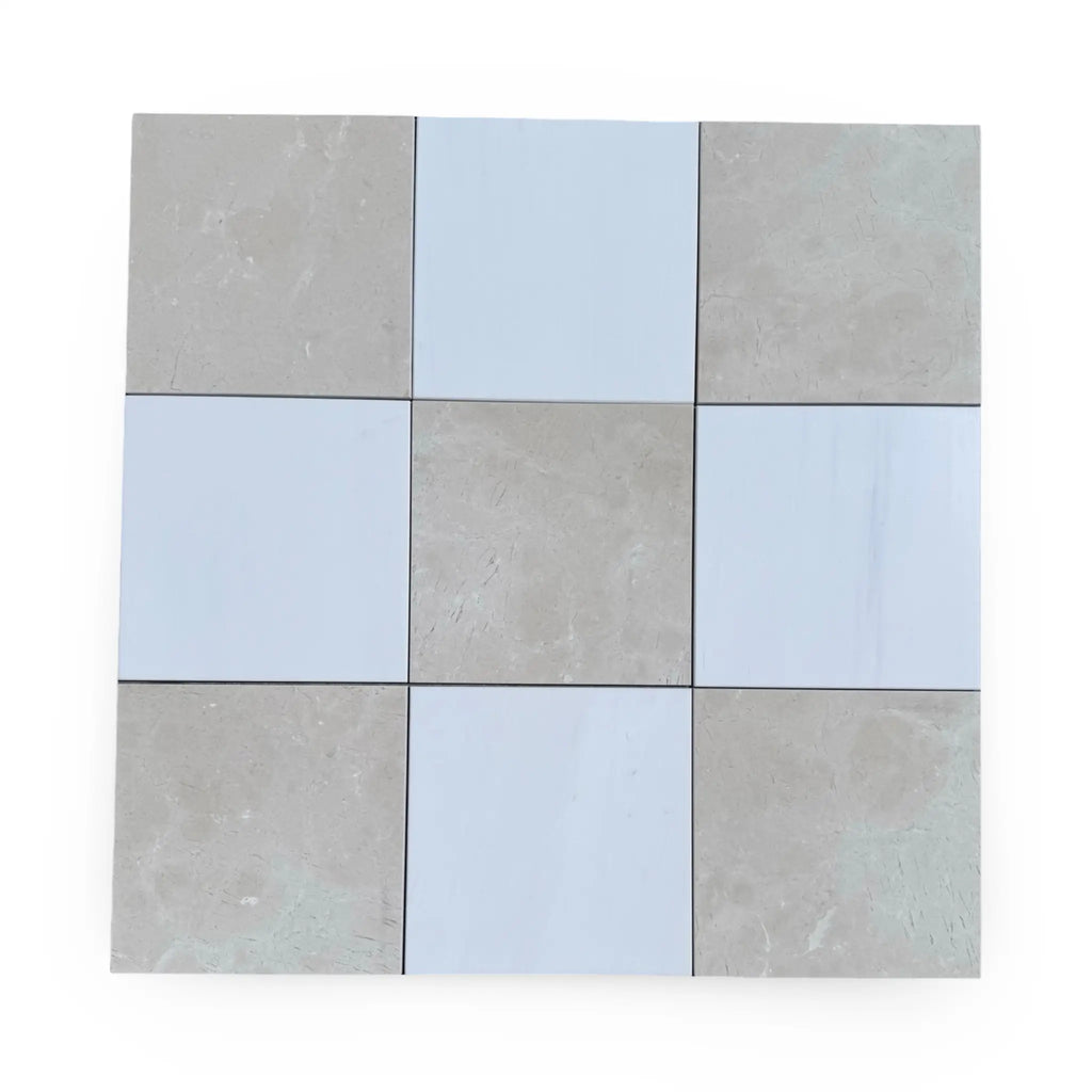 Checkerboard pattern with Nine Bianco Dolomite and Crema Marfil tiles in 12x12 set