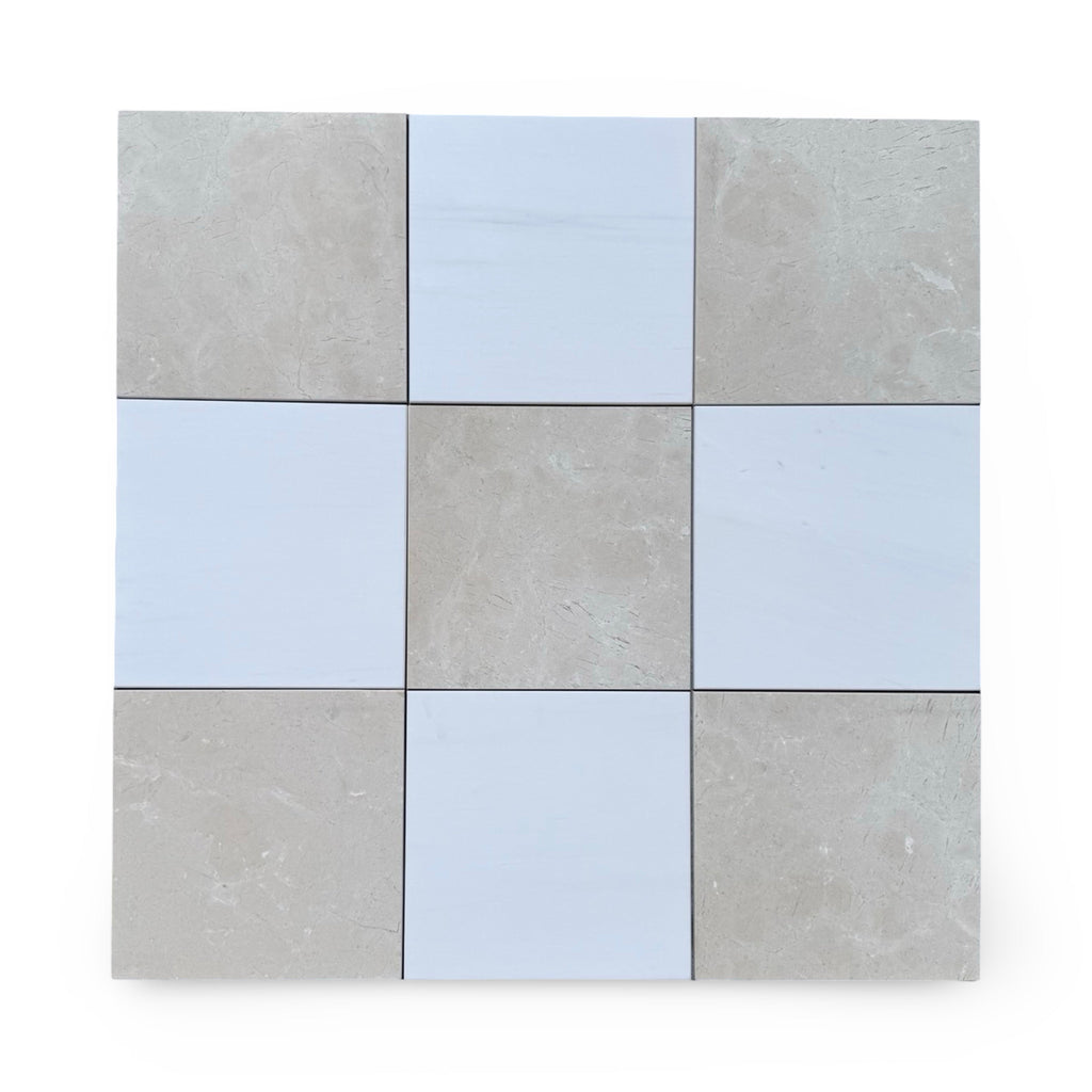 Checkerboard Bianco Dolomite and Crema Marfil 12x12 tile pattern in a product image