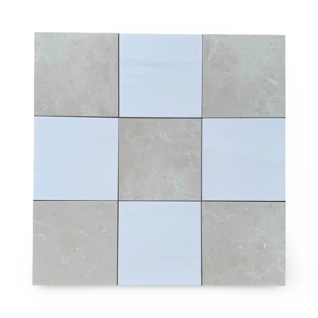 Checkerboard Bianco Dolomite and Crema Marfil 12x12 tile pattern in a product image