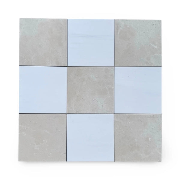 Checkerboard Bianco Dolomite and Crema Marfil 12x12 tile pattern in a product image