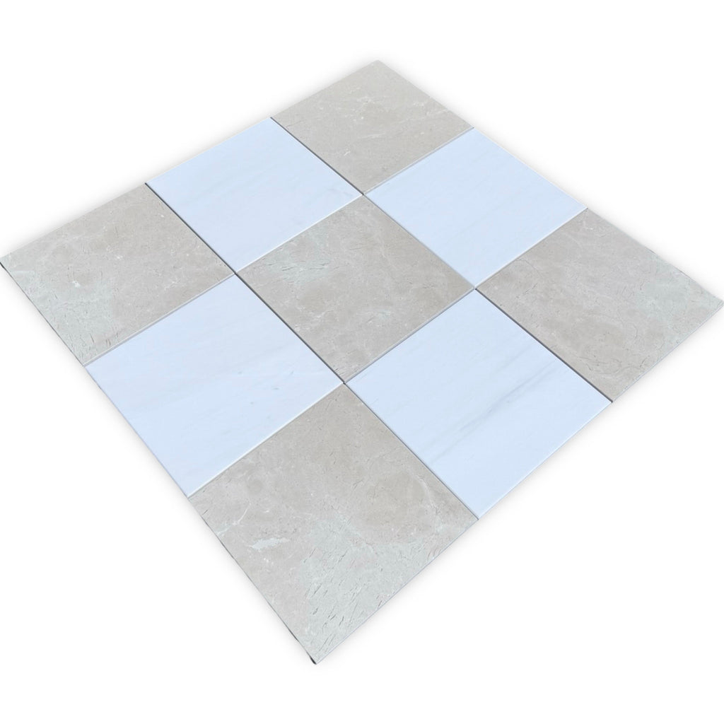 Checkerboard tile pattern in the Checkerboard Bianco Dolomite and Crema Marfil 12X12 Set