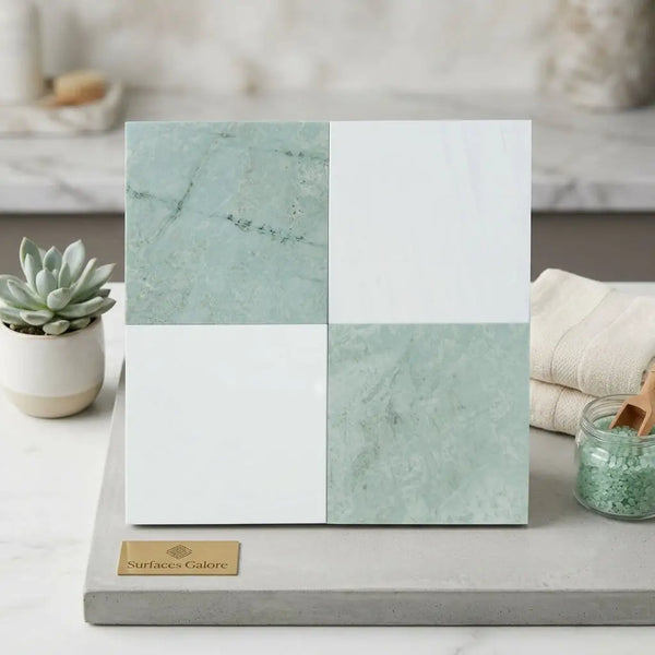 A square tile sample board showing checkerboard bianco dolomite white ceramic and ming green marble 12x12 tiles