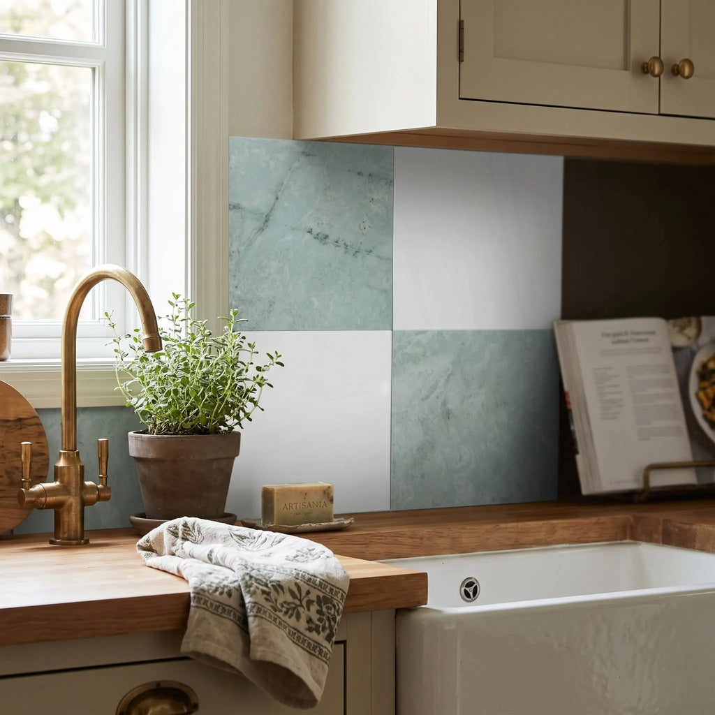 Kitchen backsplash of checkerboard bianco dolomite and ming green 12x12 set with teal and white marble-like tiles