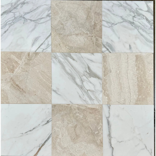 Nine square marble tiles in Checkerboard Calacatta Gold and Diano Royal Marble Set