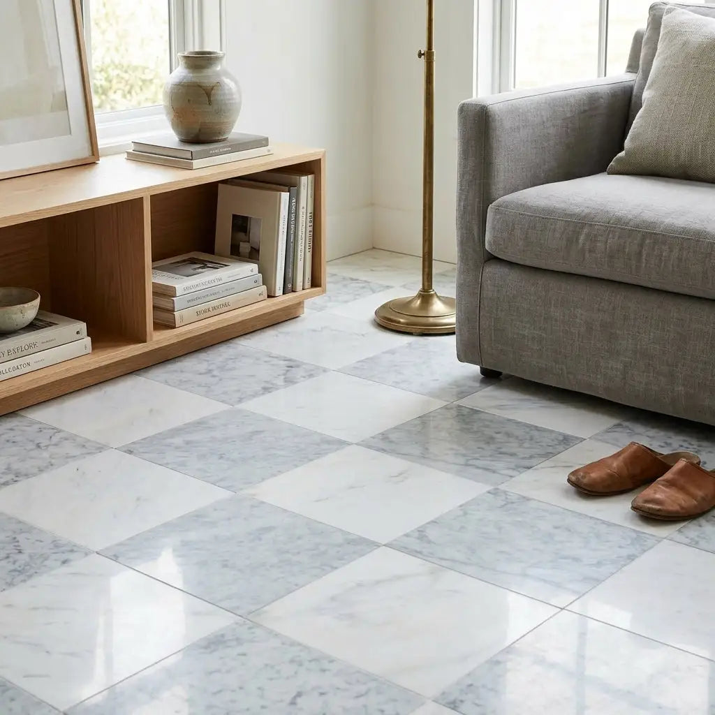 Checkerboard carrara white and oriental white 12x12 set with white and gray marble checkered floor tiles