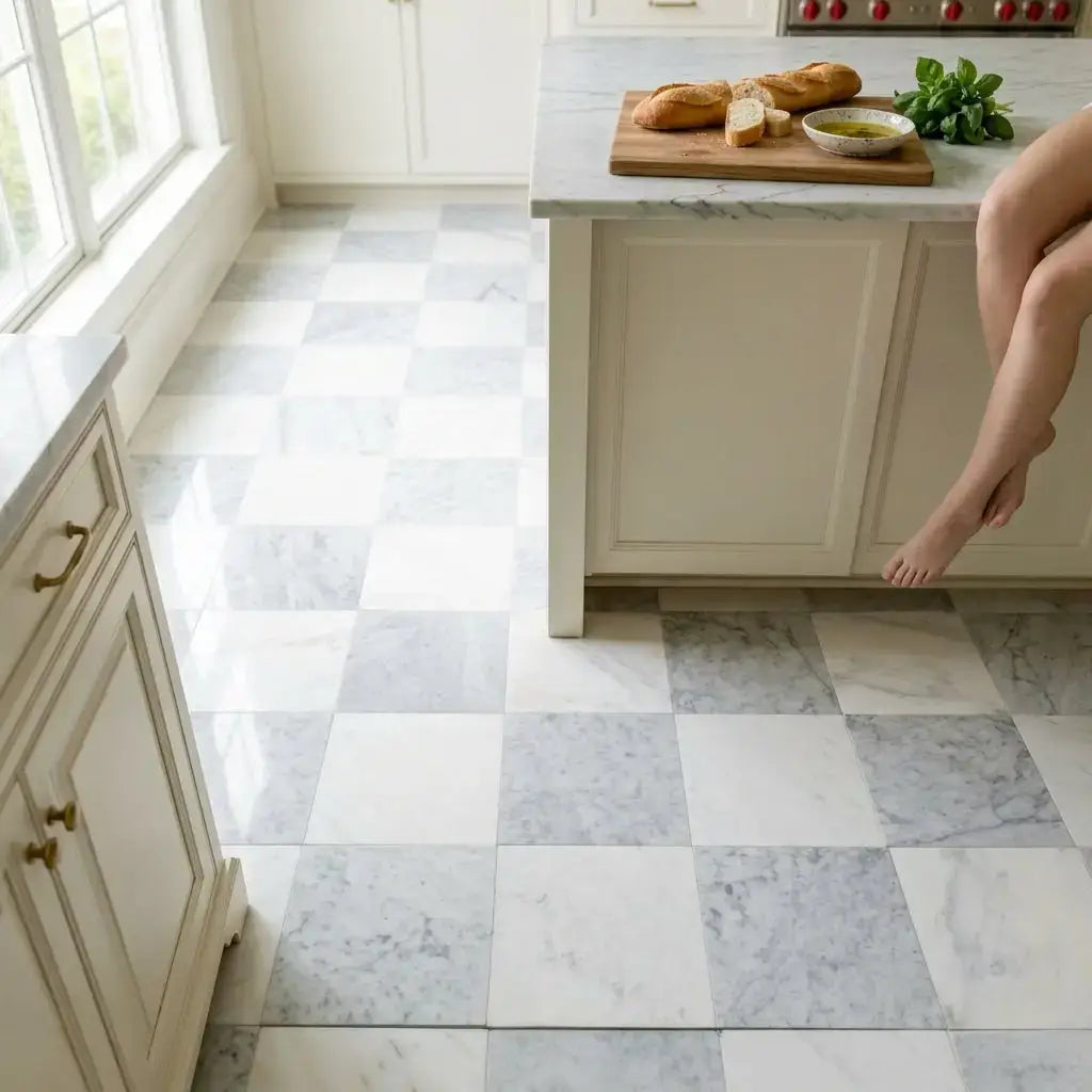 Checkerboard carrara white and oriental white 12x12 marble floor tiles with white and gray checkerboard pattern
