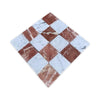 Checkerboard pattern of white Carrara and reddish-brown Rojo Alicante marble tiles