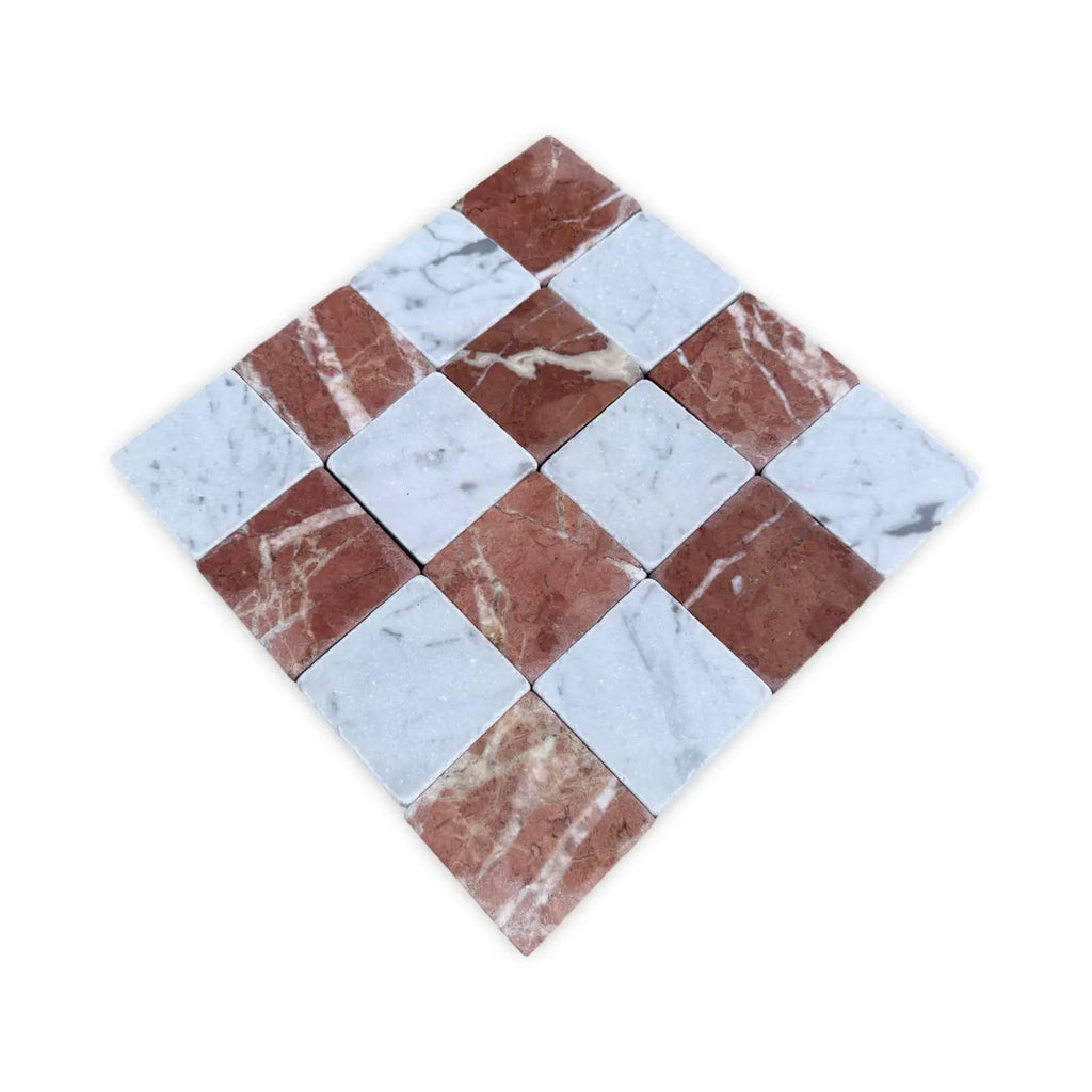 Checkerboard pattern of white Carrara and reddish-brown Rojo Alicante marble tiles