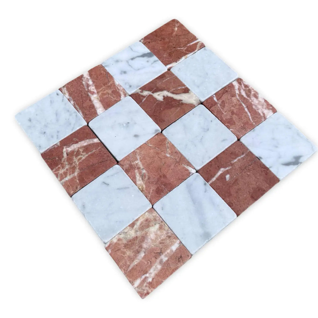 Red and white checkered marble tile from Checkerboard Carrara White Rojo Alicante 3x3 Tumbled collection