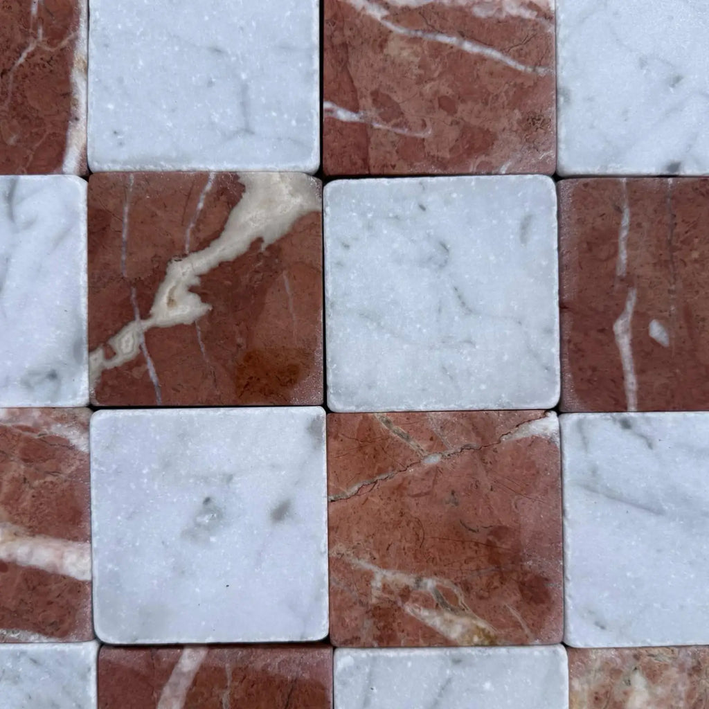 Red and white checkered marble tiles from Checkerboard Carrara White and Rojo Alicante 3x3 Tumbled collection
