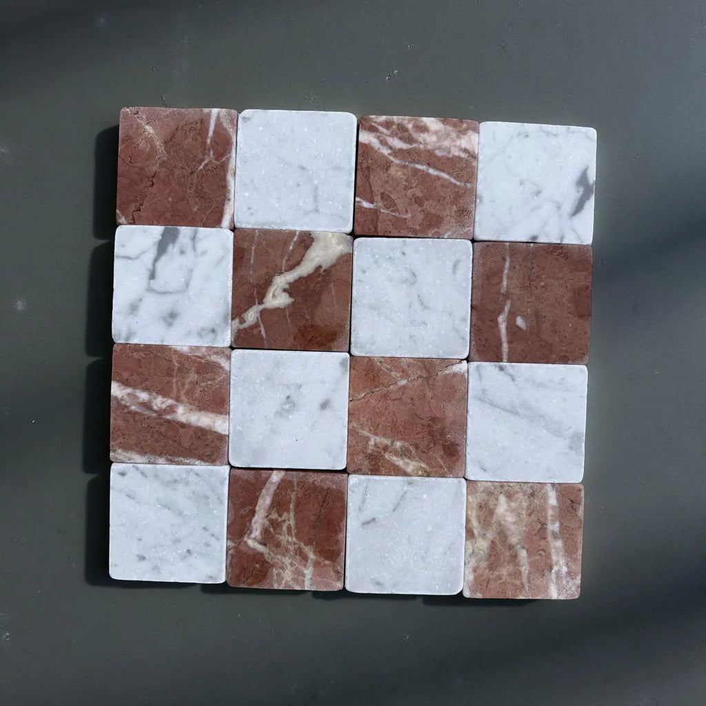 Red and white checkered marble tile mosaic from Checkerboard Carrara White Rojo Alicante 3X3 Tumbled