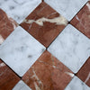 Red and white checkered marble tiles from Checkerboard Carrara White Rojo Alicante 3X3 Tumbled collection
