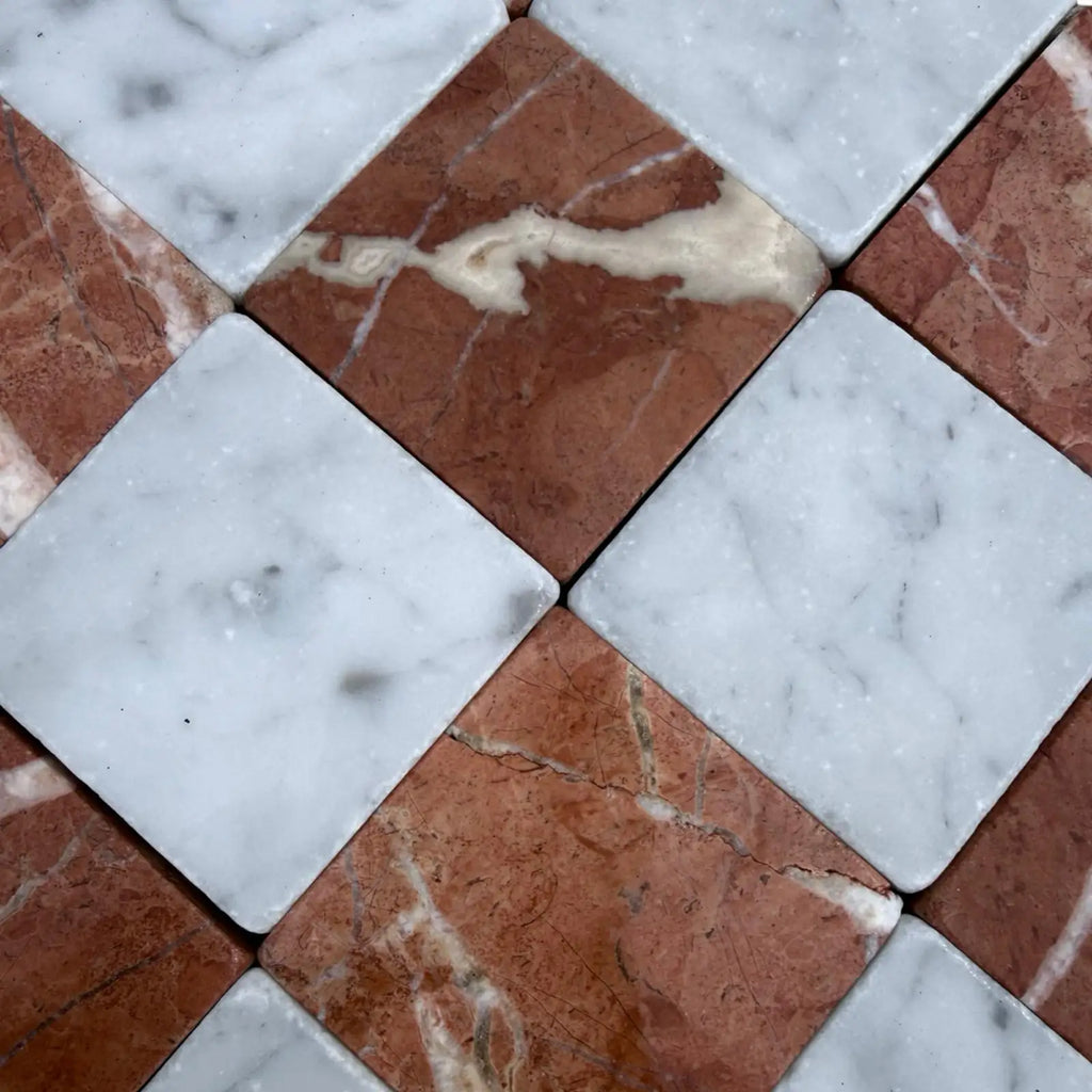 Red and white checkered marble tiles from Checkerboard Carrara White Rojo Alicante 3X3 Tumbled collection