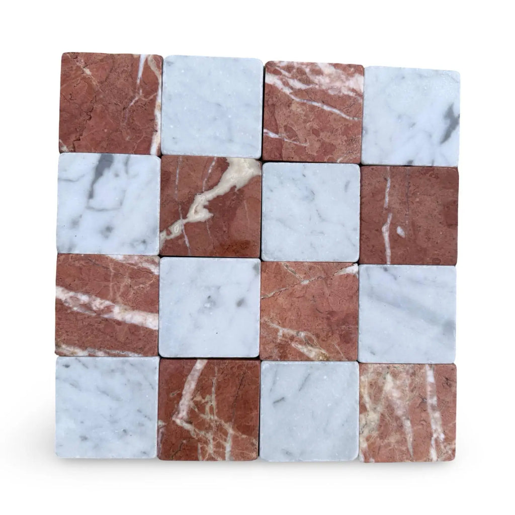 Square arrangement of alternating Red Alicante and Carrara White marble tiles in a checkerboard pattern