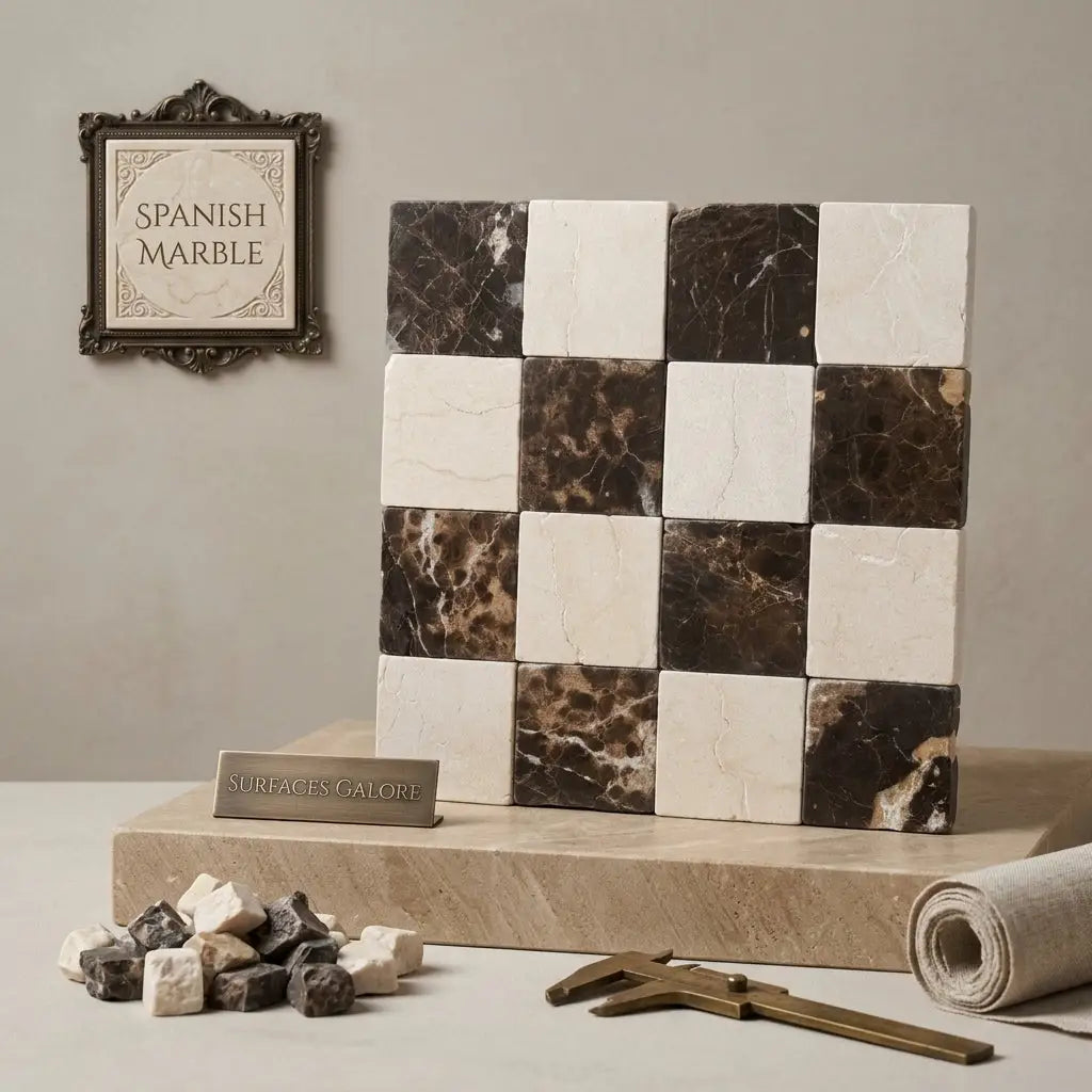A checkerboard pattern of spanish marble tiles alternating crema marfil white and emperador dark brown with natural veining
