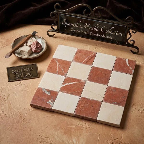 Square mosaic tile panel featuring alternating cream and terracotta crema marfil and rojo alicante marble squares with natural veining
