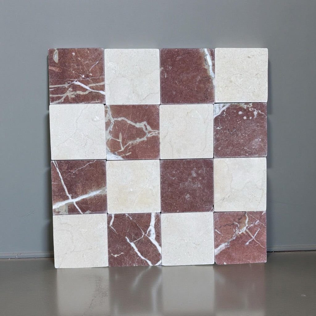 Checkerboard Crema Marfil and Rojo Alicante 4x4 tumbled marble tiles grid