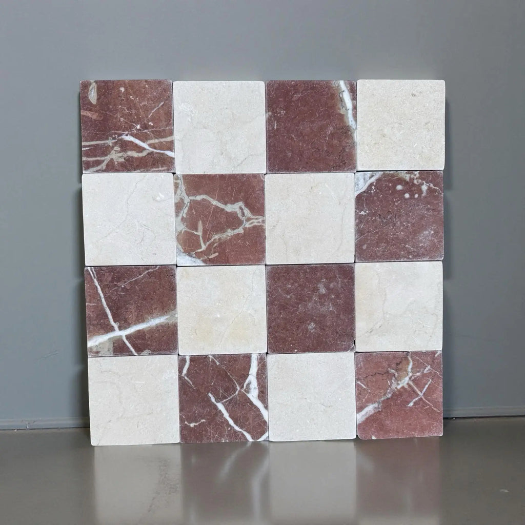 Checkerboard Crema Marfil and Rojo Alicante 4x4 tumbled marble tiles grid