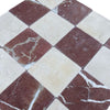 Checkerboard Crema Marfil and Rojo Alicante marble tiles with natural veining pattern