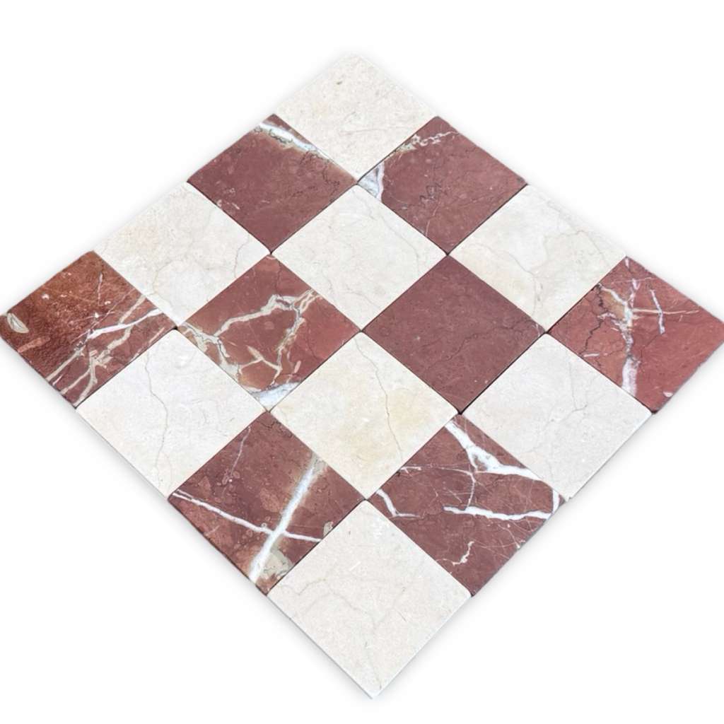 Checkerboard pattern marble mosaic tile in red and white for Checkerboard Crema Marfil Rojo Alicante 4X4 Tumbled