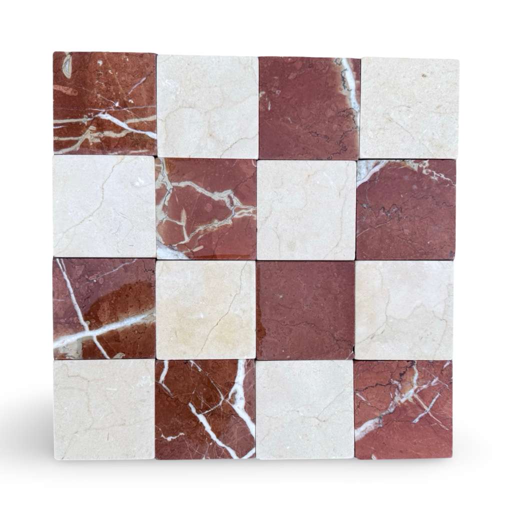 Polished checkerboard pattern of Crema Marfil and Rojo Alicante marble tiles