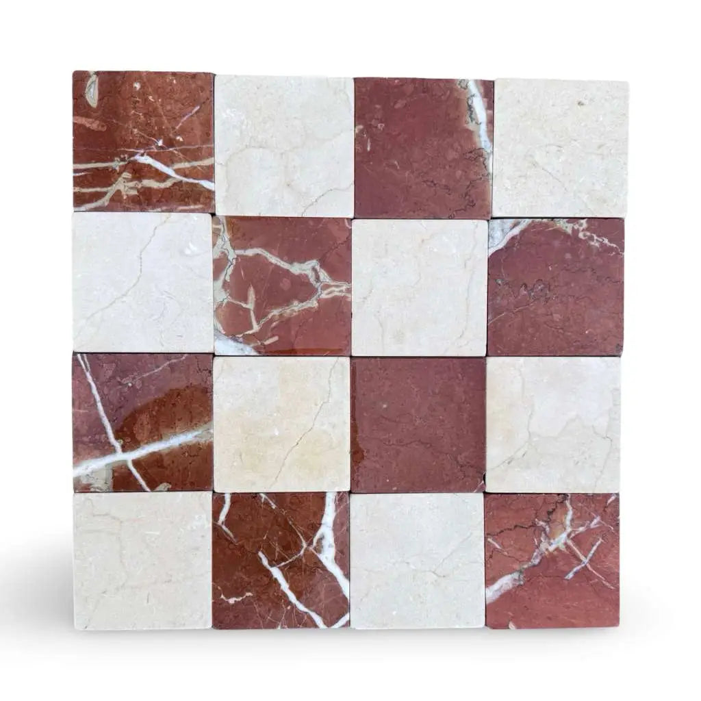 Polished checkerboard pattern of Crema Marfil and Rojo Alicante marble tiles