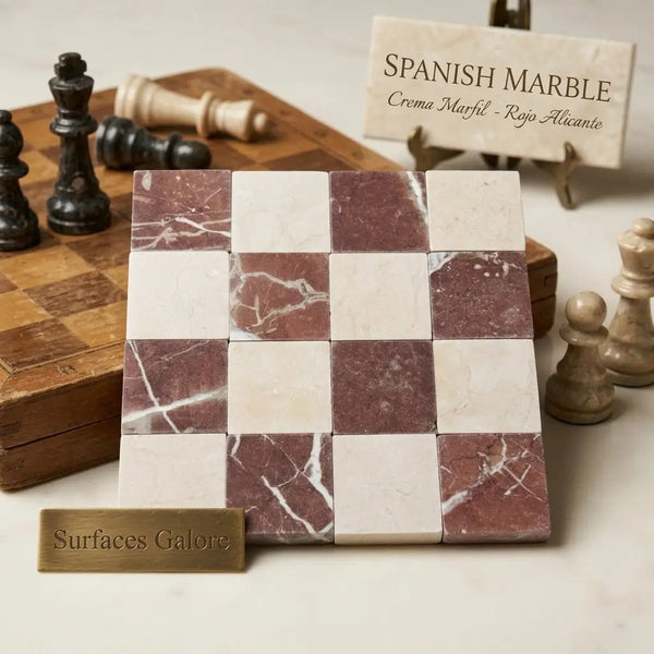 Checkerboard crema marfil rojo alicante 4x4 tumbled spanish marble tiles with creamy white and deep reddish-brown veining