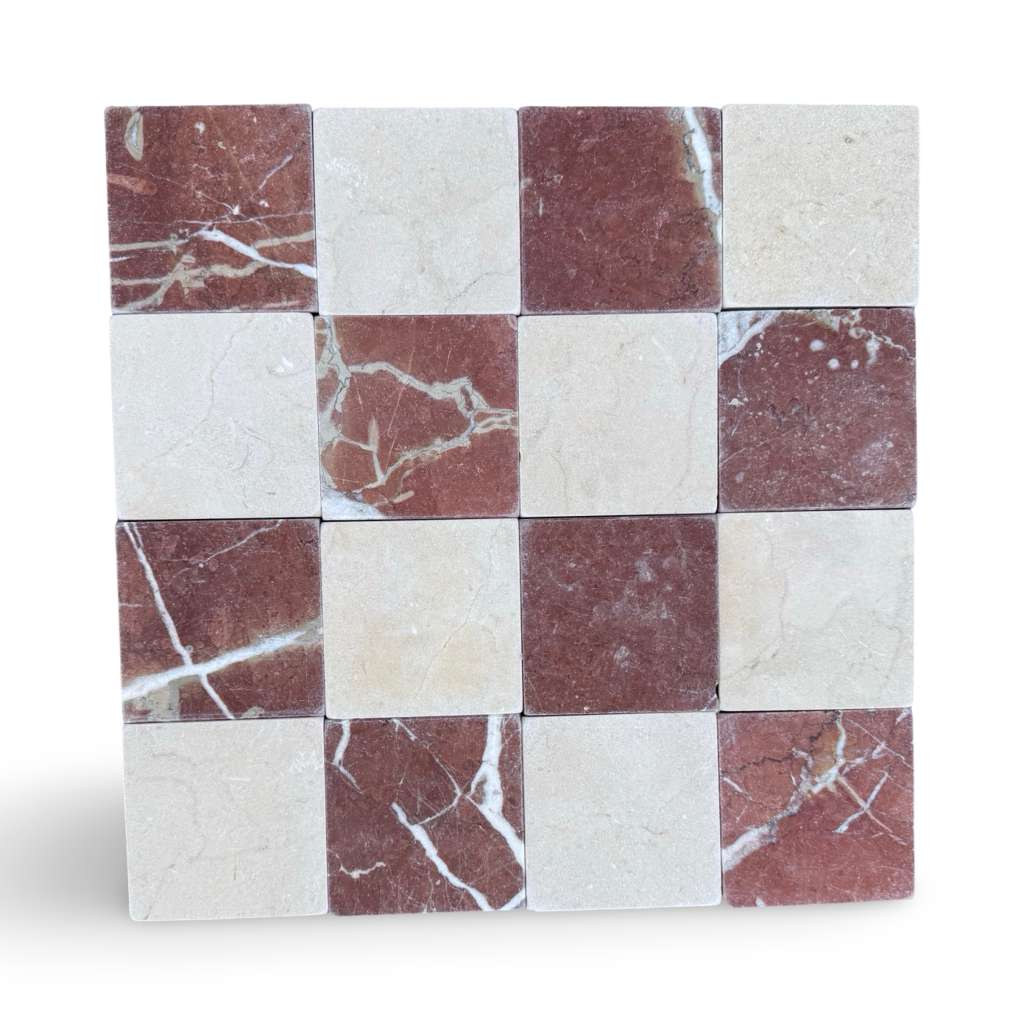 Checkerboard pattern of red and cream marble tiles for Checkerboard Crema Marfil Rojo Alicante 4X4 Tumbled