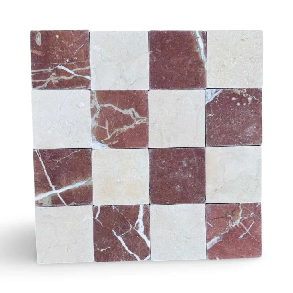 Checkerboard pattern of red and cream marble tiles for Checkerboard Crema Marfil Rojo Alicante 4X4 Tumbled